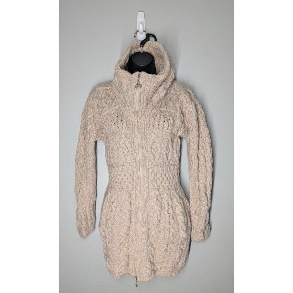Aran Crafts Sweater Cardigan Womens XS Tan Merino Wool Knit Full Zip Long Sleeve